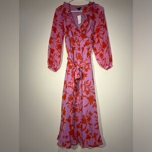NWT Ann Taylor long sleeve dress. Midi length. Pink with red floral design.